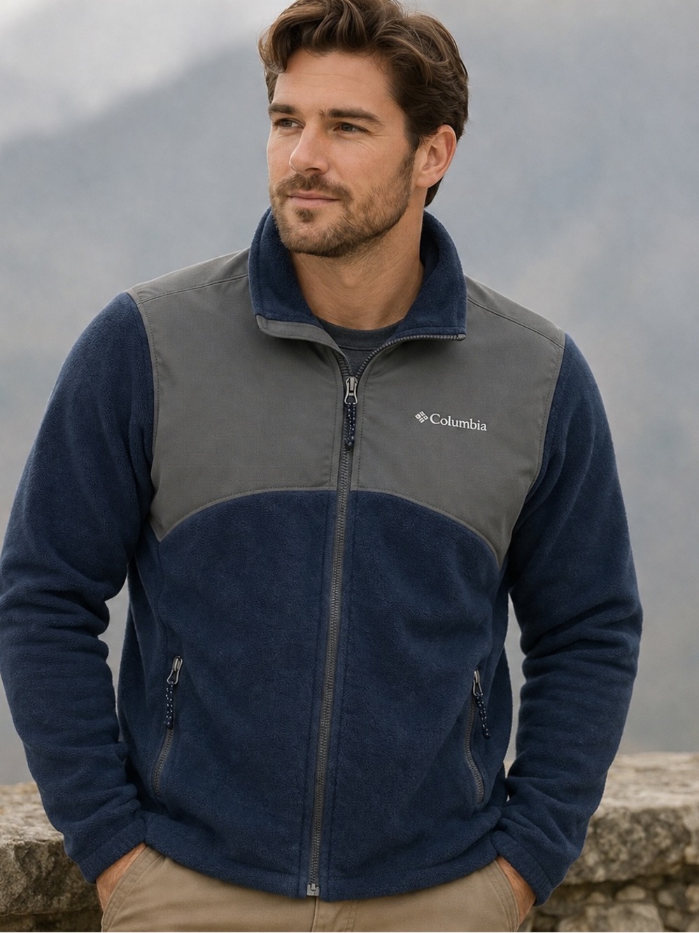 Columbia Mens Fleece Jacket Full Zip Colorblock Small Blue Gray Stand Collar Zip